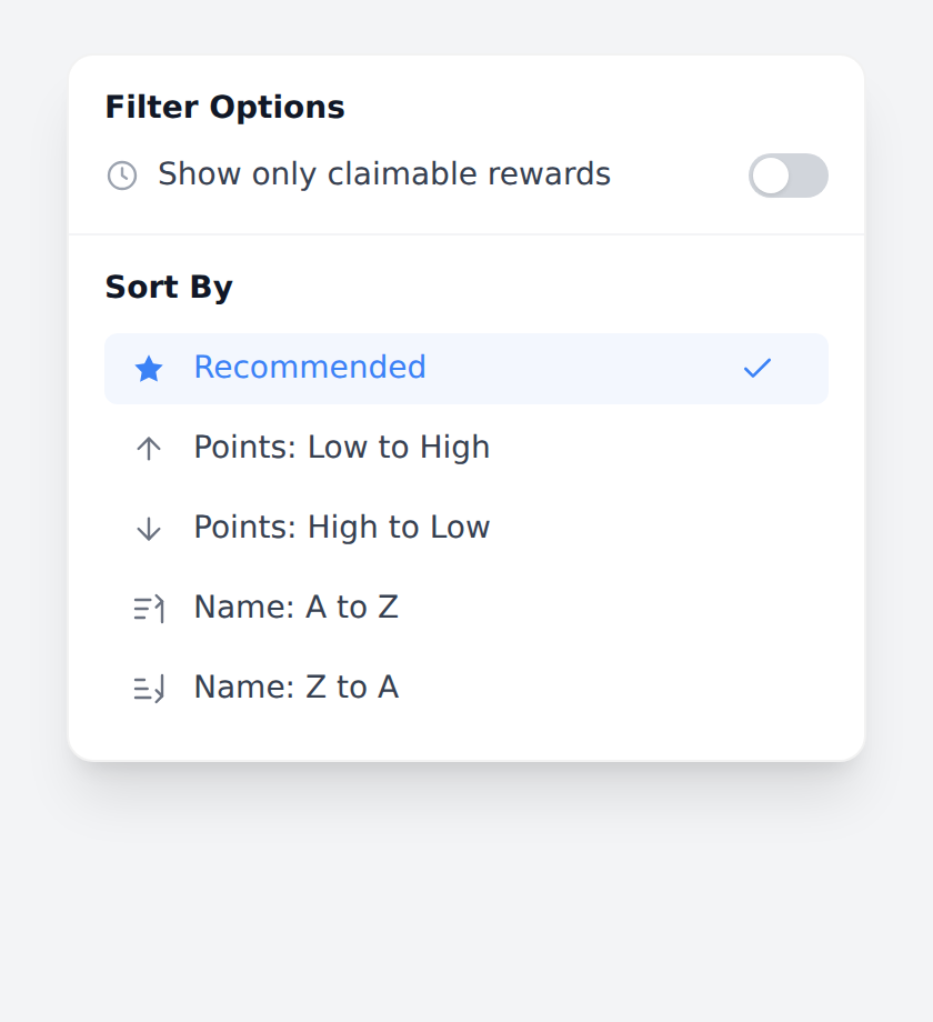 Customer portal Sort By panel showing Recommended highlighted plus four alternative sort options