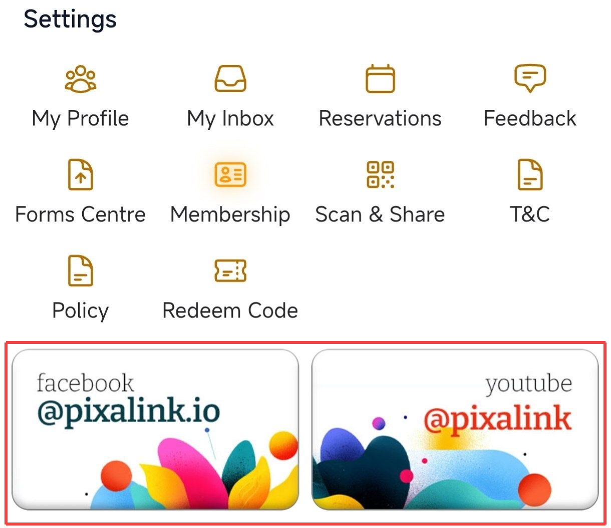 Real customer portal screenshot with the two custom banner buttons (Facebook and YouTube links) highlighted in red below the Settings icons