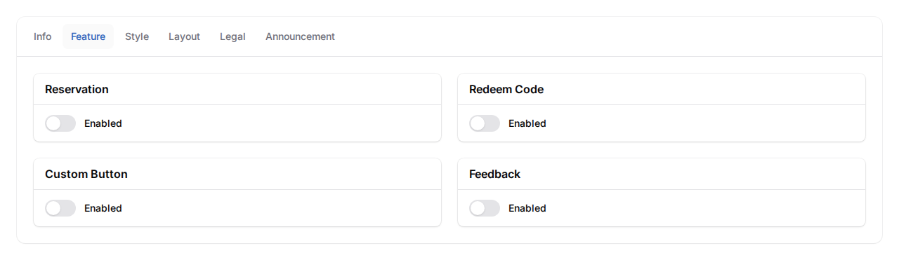 Customer Portal Theme edit form with the Feature tab active, showing the Reservation, Redeem Code, Custom Button, and Feedback sections