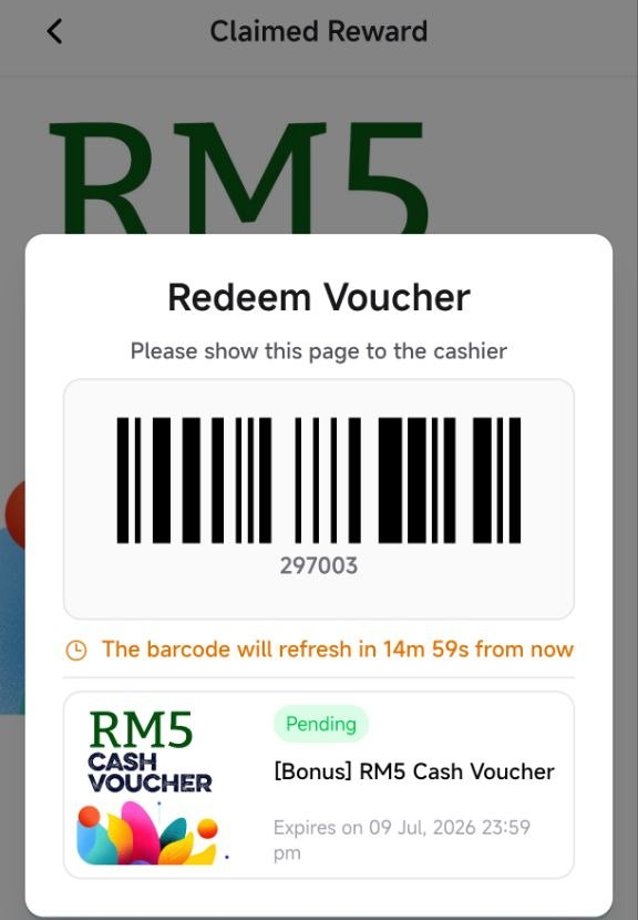 Customer portal Claimed Reward page showing the barcode (code 297003), refresh countdown, and the [Bonus] RM5 Cash Voucher in Pending status
