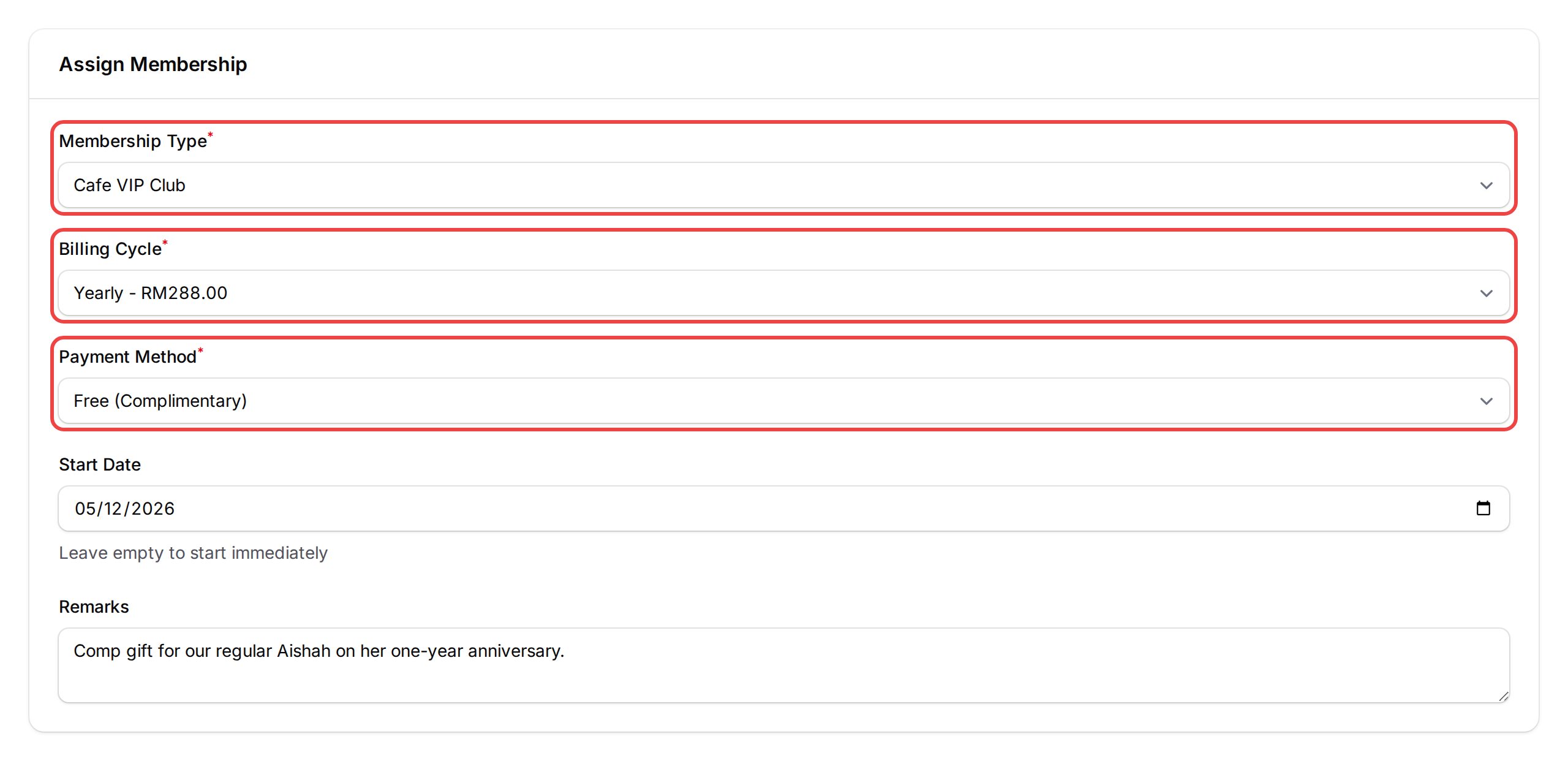 Step 3: Membership Type, Billing Cycle and Payment Method fields filled in the Assign Membership form