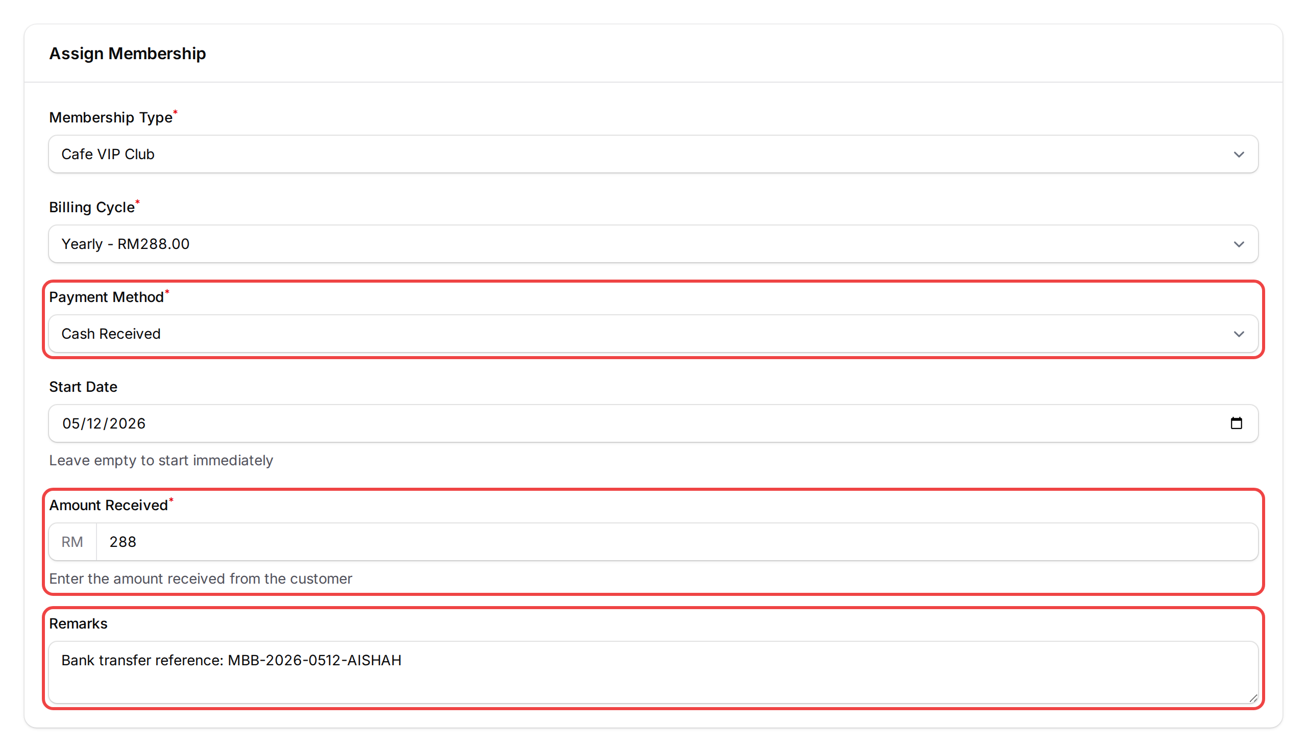 Step 4: Payment Method set to Cash Received with Amount Received and Remarks filled in