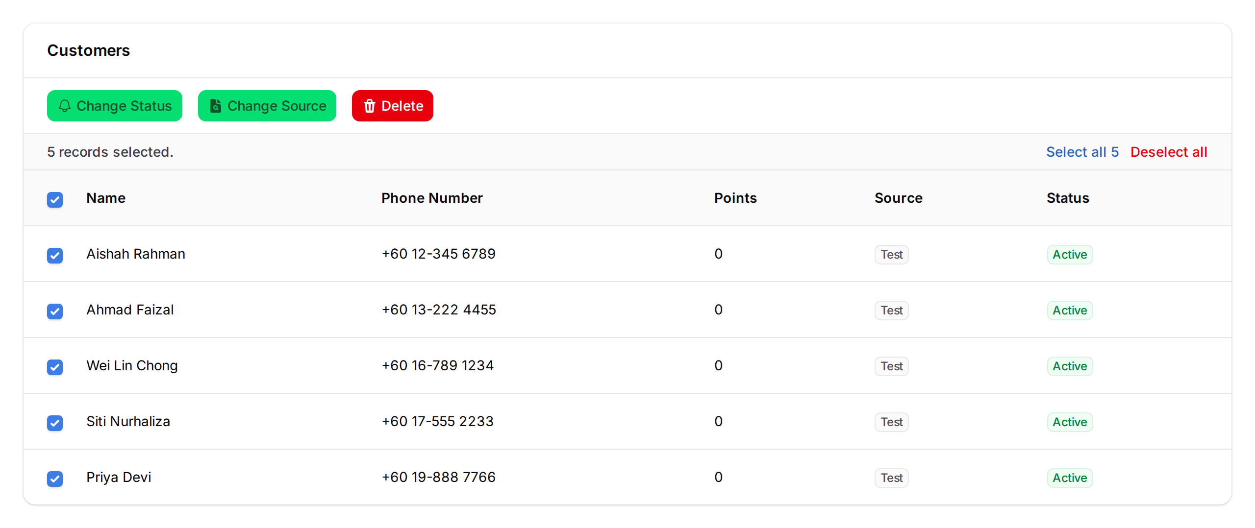 Customers table with all rows selected and the Delete button visible in the bulk actions toolbar