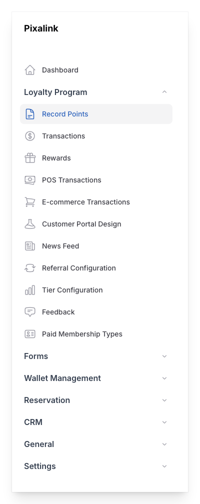 Pixalink admin sidebar with Loyalty Program expanded and Record Points item highlighted