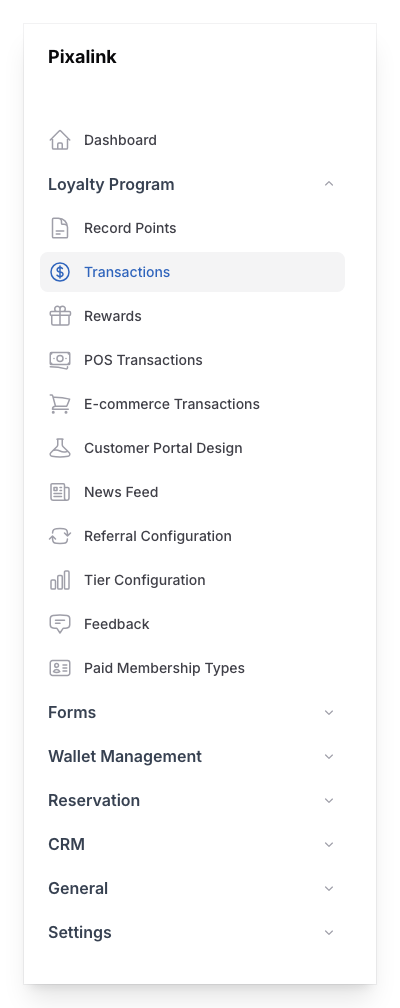 Navigate to Transactions under Loyalty Program in the Admin Panel sidebar