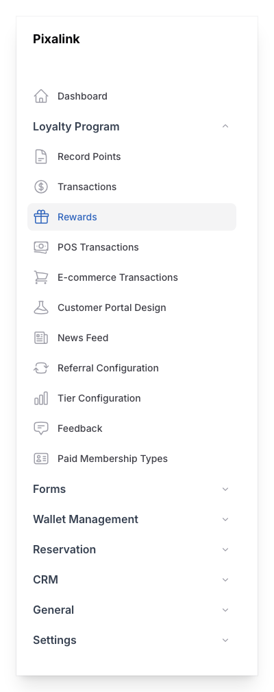 Pixalink admin sidebar with Loyalty Program expanded and Rewards highlighted
