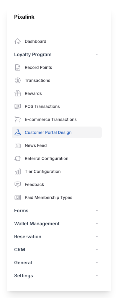 Pixalink admin sidebar with Loyalty Program expanded and Customer Portal Design item highlighted