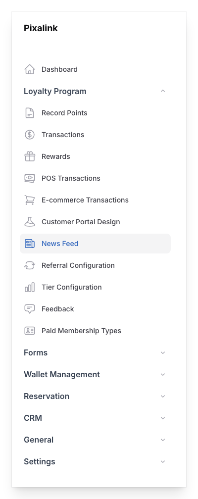 Navigate to News Feeds under Loyalty Program in the Admin Panel sidebar