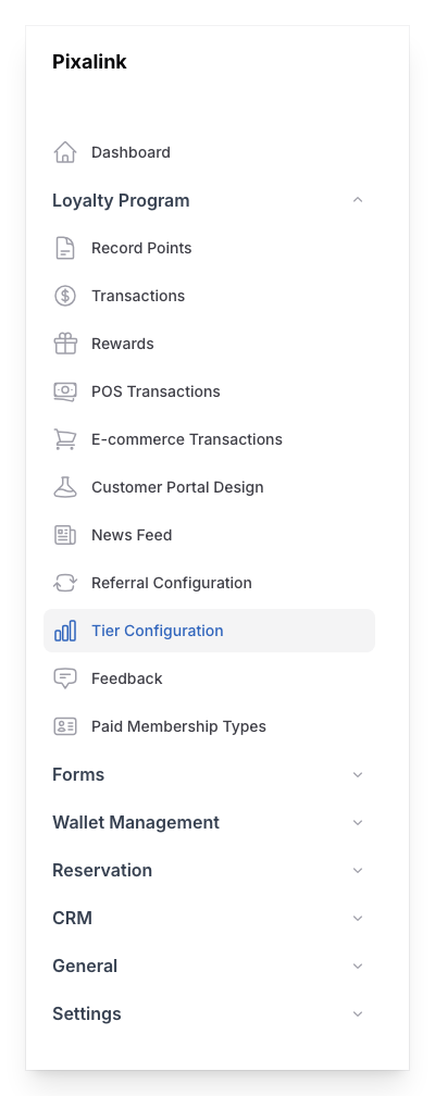 Pixalink admin sidebar with Loyalty Program expanded and Tier Configuration item highlighted