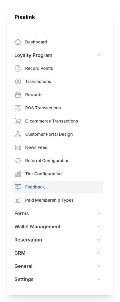 Navigate to Feedbacks under Loyalty Program in the Admin Panel sidebar