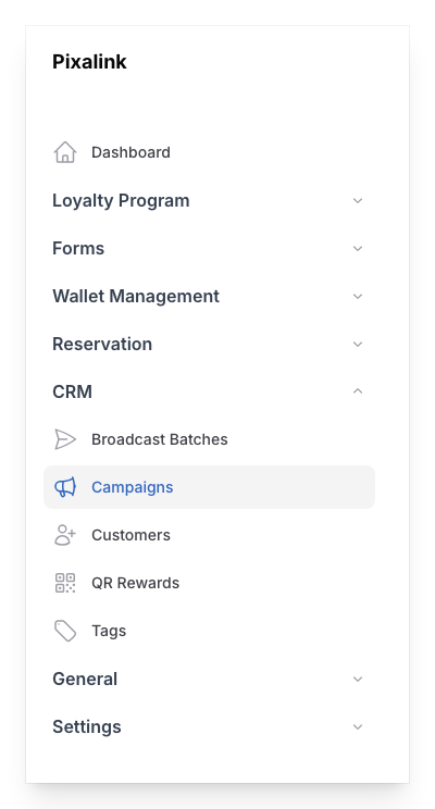 Navigate to Campaigns under CRM in the Admin Panel sidebar