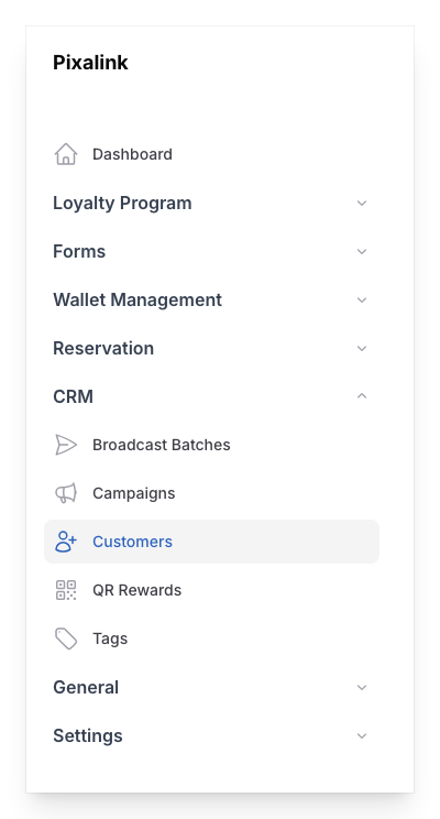 Admin panel sidebar with CRM group expanded and Customers highlighted