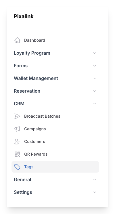 Navigate to Tags under Settings in the Admin Panel sidebar