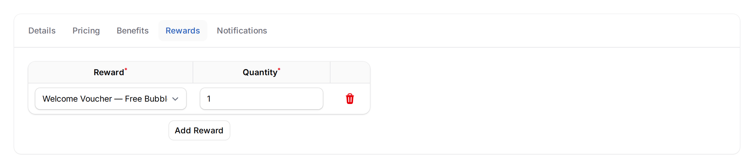Rewards tab showing one row added with the Welcome Voucher reward selected and quantity set to 1