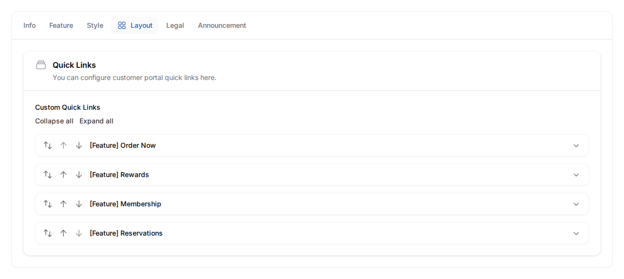 Layout tab open showing the Quick Links section with four default quick link cards: Order Now, Rewards, Membership, and Reservations