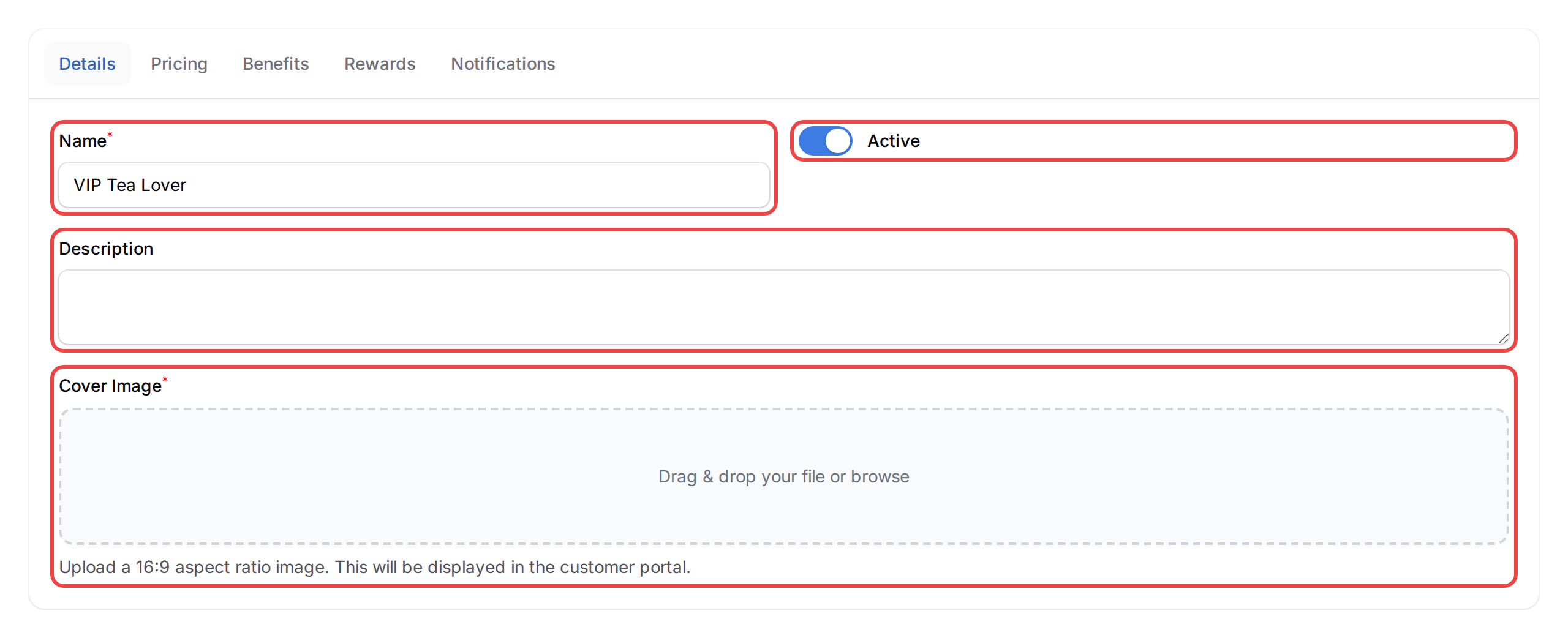 Membership Details form with Name, Active toggle, Description, and required Cover Image upload field highlighted