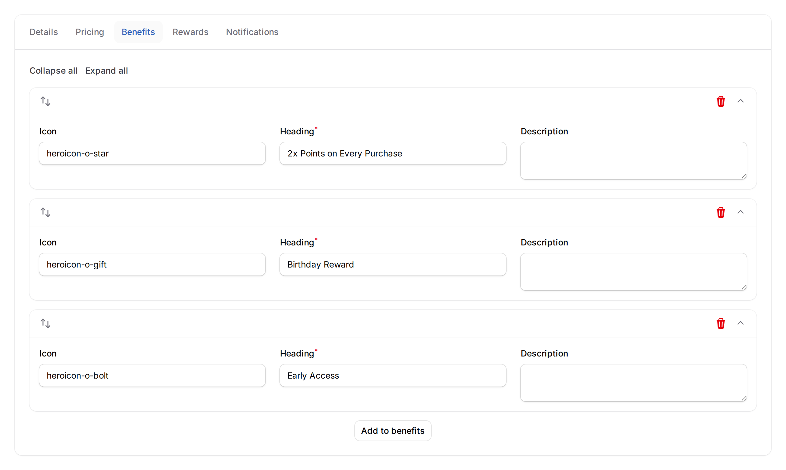 Benefits tab open showing three benefit rows with Icon, Heading, and Description fields — 2x Points on Every Purchase, Birthday Reward, and Early Access