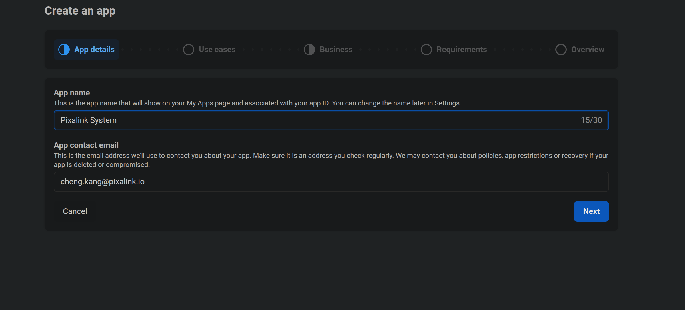 Create an app — App details step showing the App name and App contact email fields