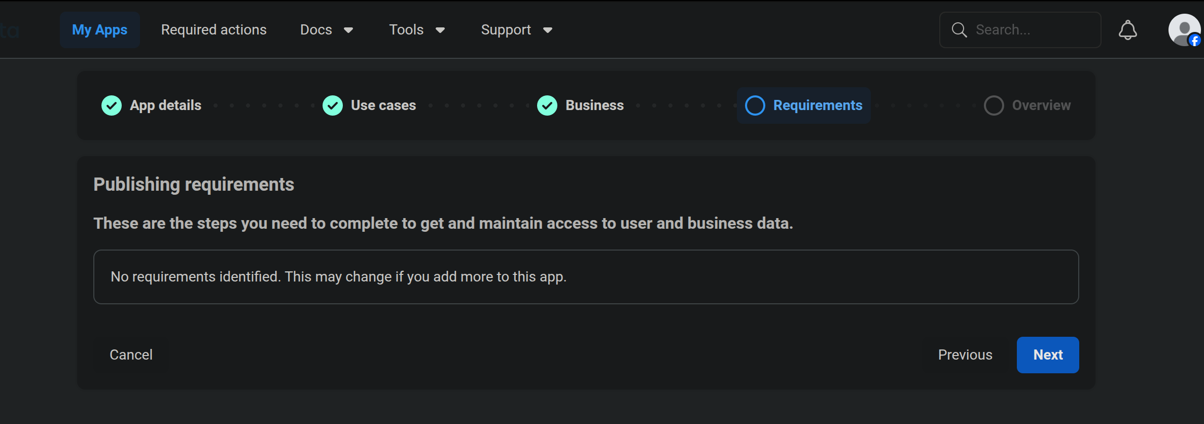 Requirements step — showing no additional publishing requirements