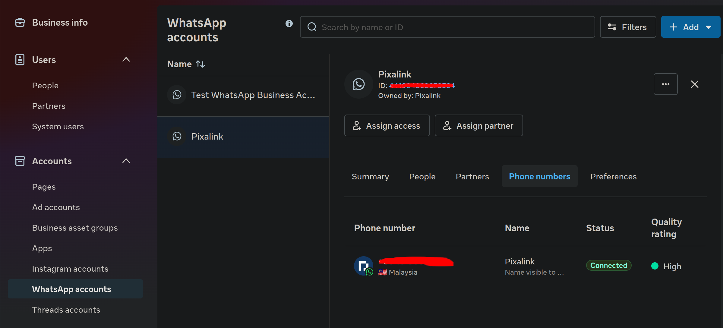 WhatsApp Accounts in Meta Business Settings