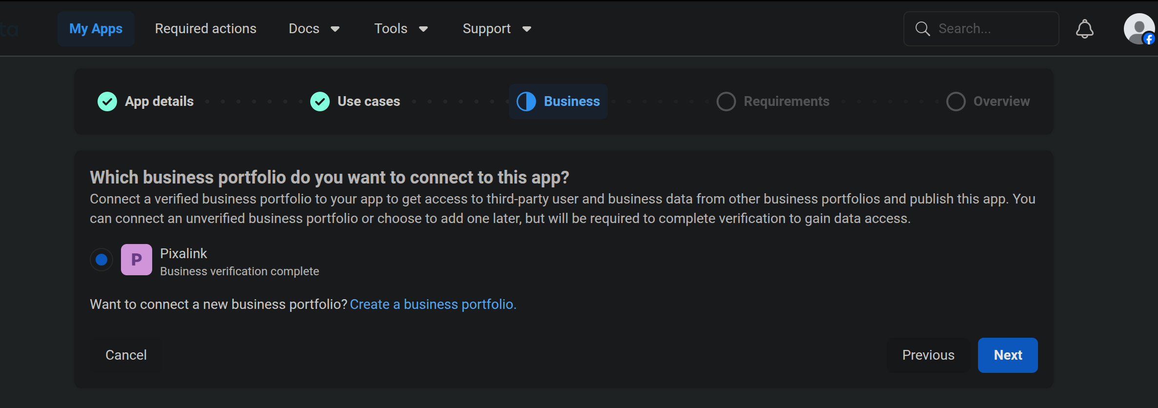 Business step — selecting the business portfolio to connect to the app