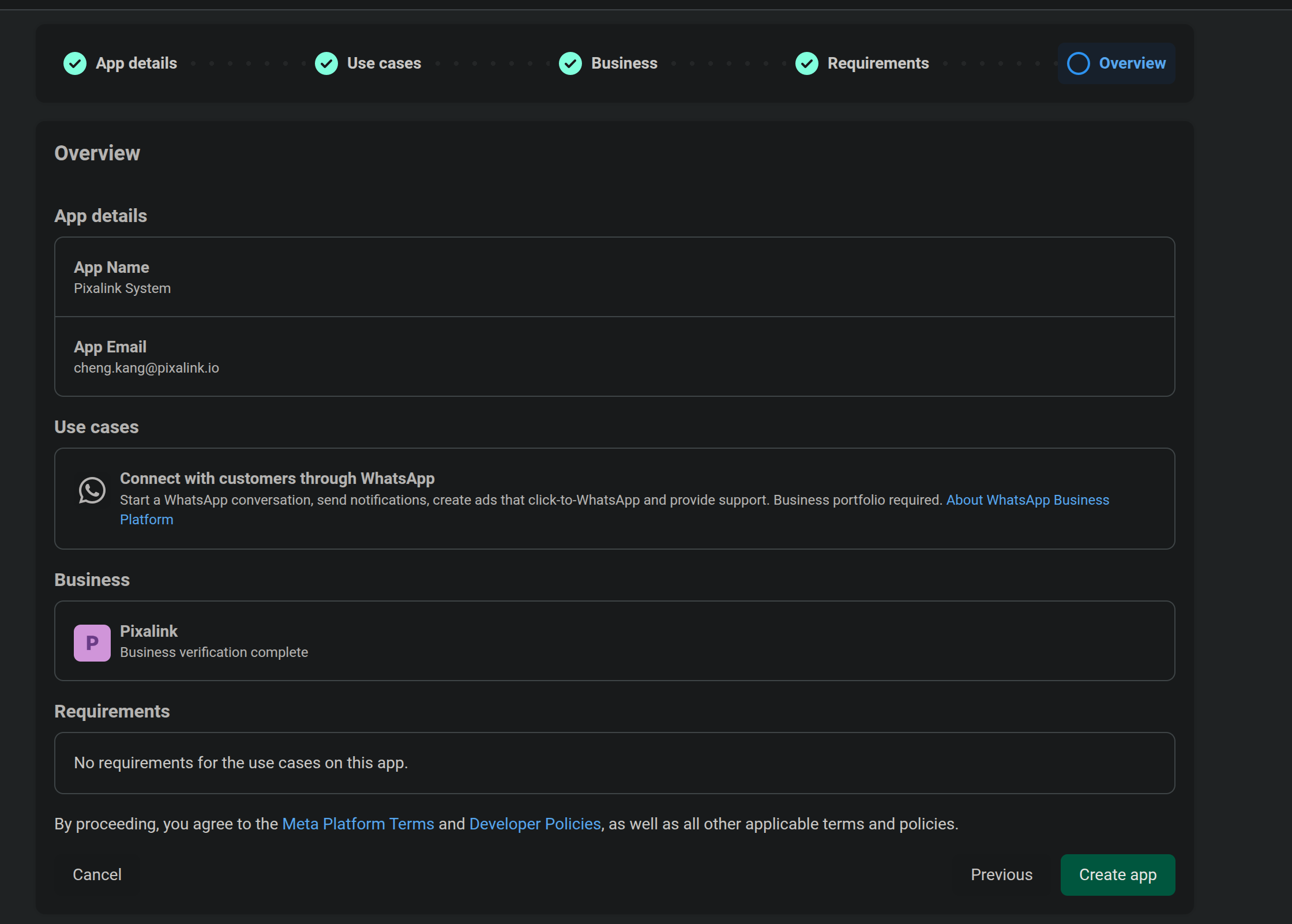 Overview step — final review before creating the app